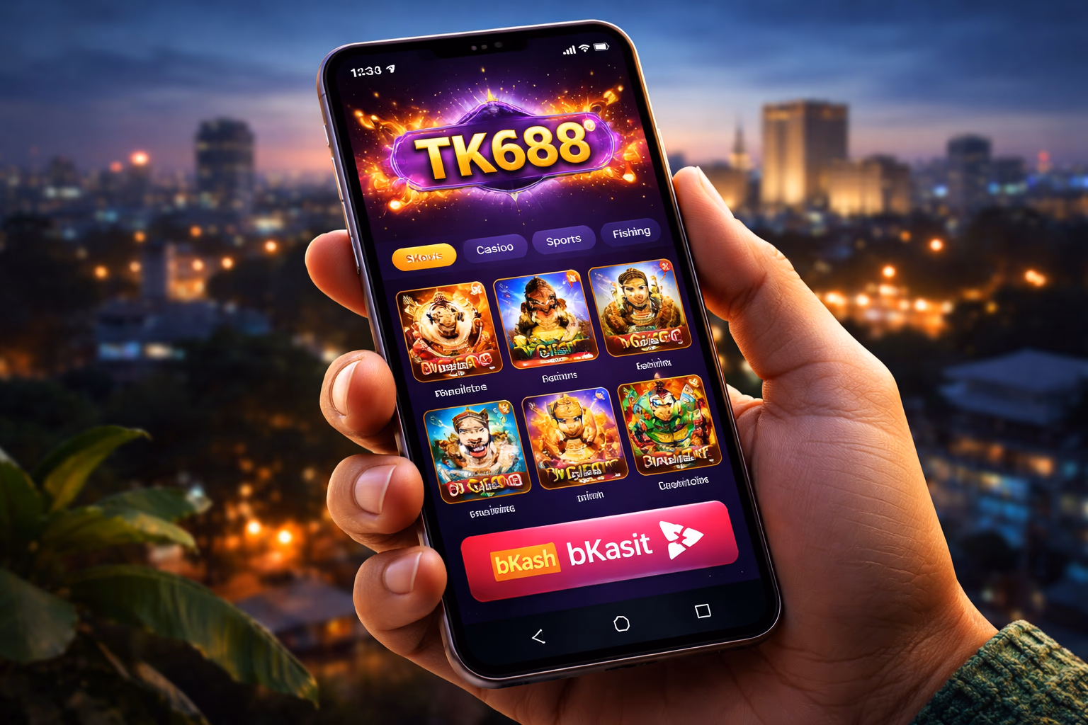 Bangladeshi player tapping the TK688 mobile app on a smartphone with glowing chips and reels animated across the display