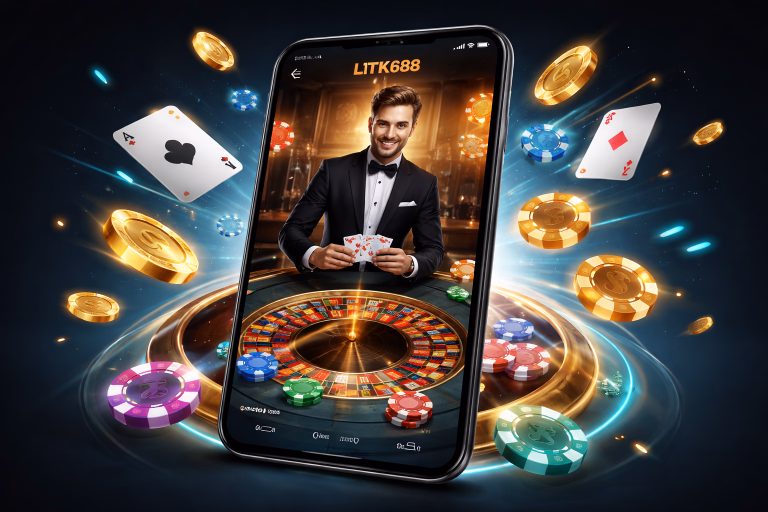 Cheerful Bangladeshi gamer launching the TK688 app on a phone with golden coins and card symbols floating in the background