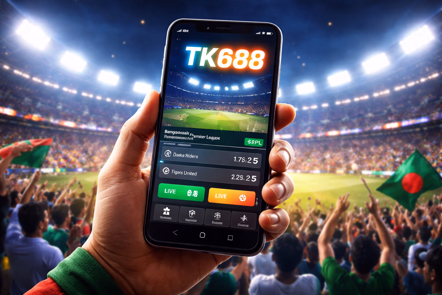 Focused Bengali sports punter placing live cricket wagers on a desktop while tracking match action on television through the TK688 betting platform
