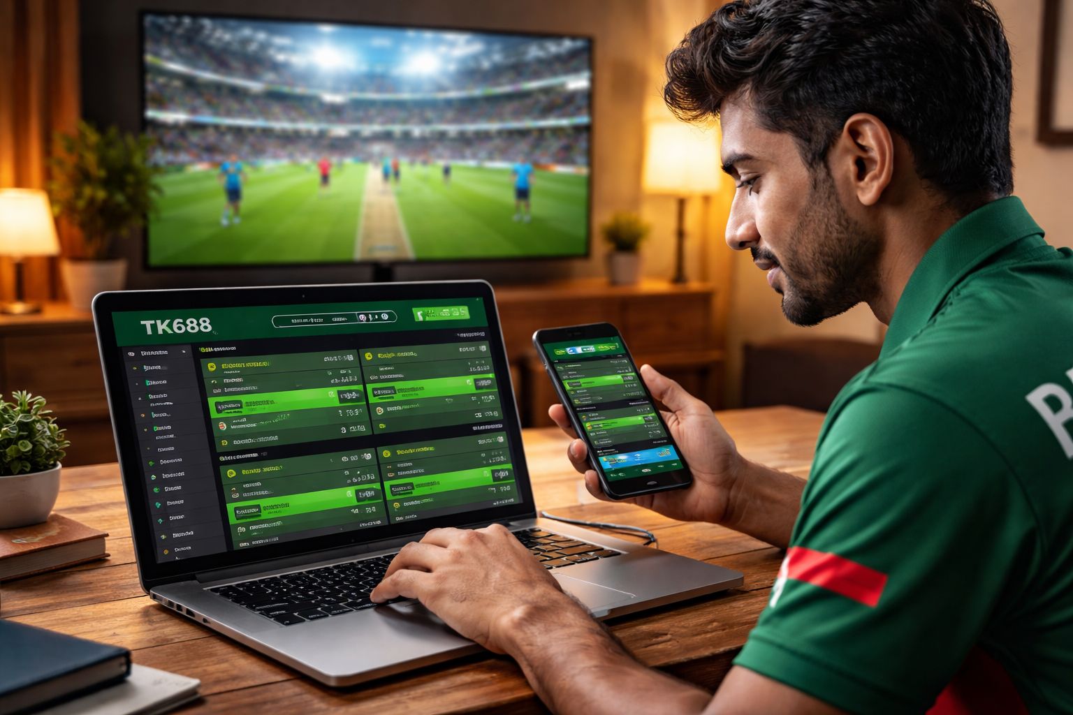 Attentive Bengali sports enthusiast monitoring live cricket odds on a desktop powered by TK688 while watching the match unfold on TV in a comfortable home setting