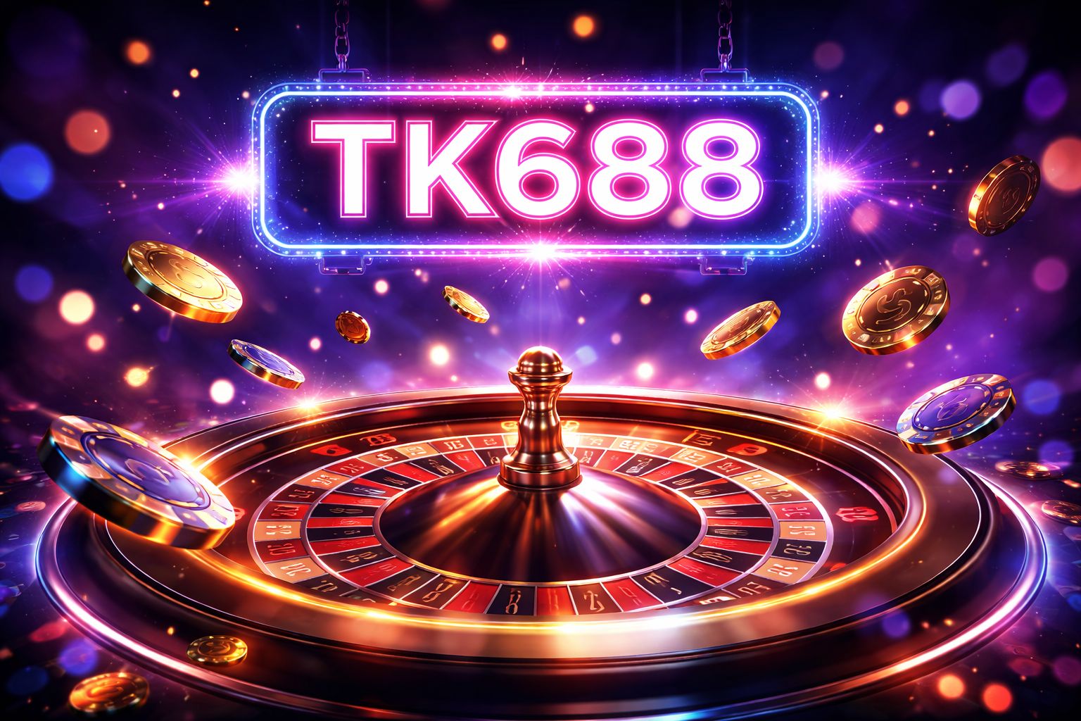 Glowing TK688 neon billboard above a digital roulette wheel with floating coins symbolising the Bangladesh online casino atmosphere