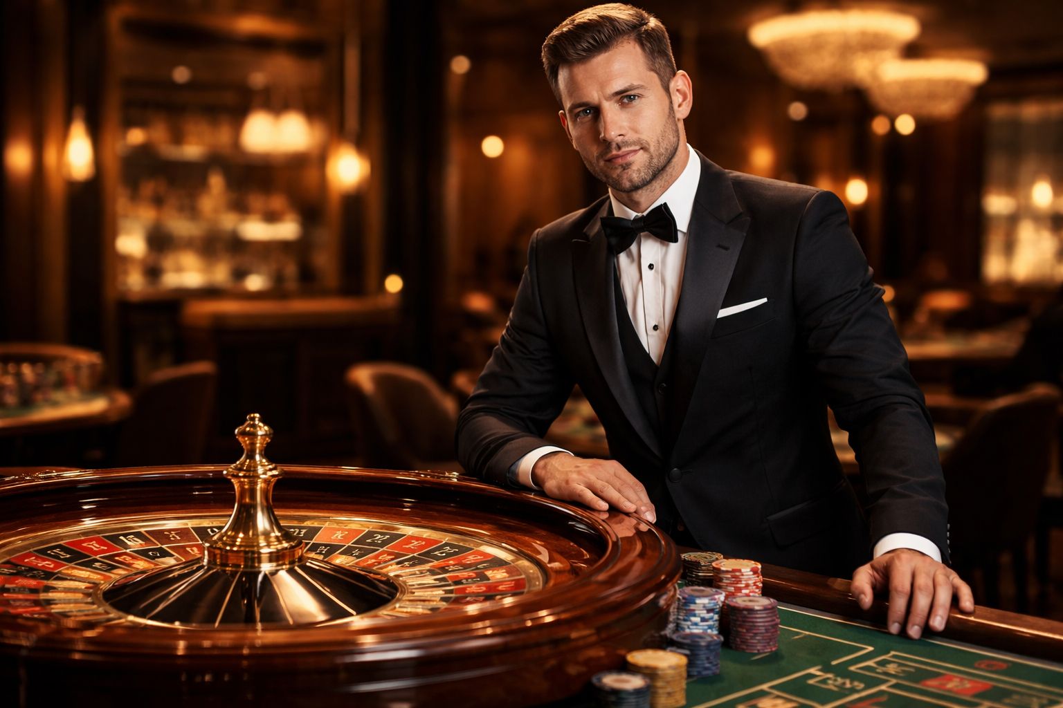 Composed casino croupier in formal attire standing beside an elegant roulette wheel surrounded by warm gold lights at TK688