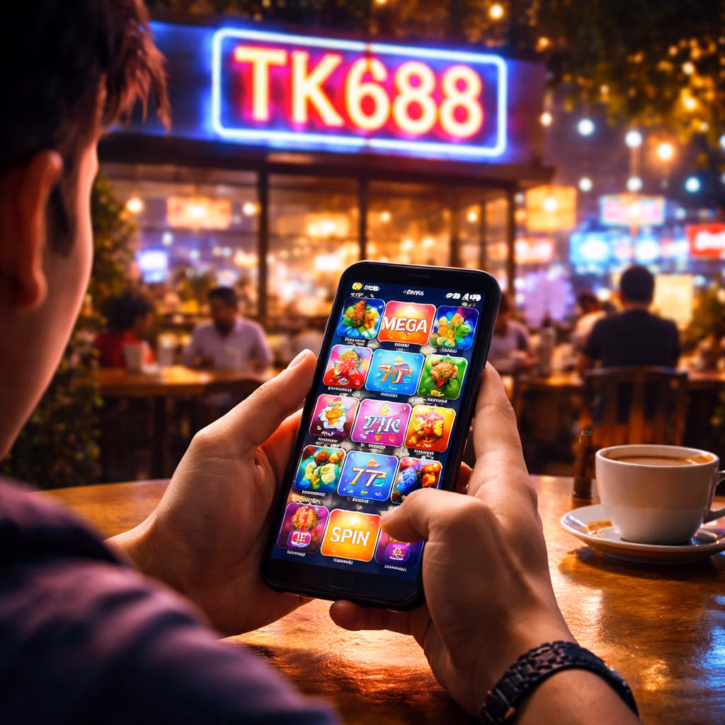 Excited Bangladeshi player enjoying vibrant online casino titles on a laptop with neon graphics inside the TK688 gaming portal