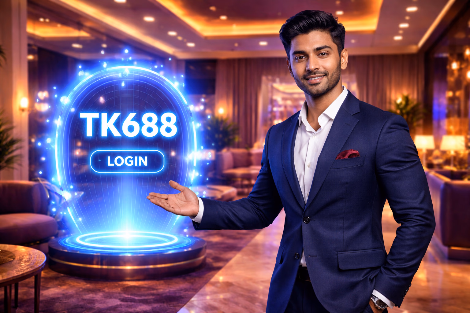 Confident Bangladeshi gaming host gesturing toward a glowing TK688 login portal in a vibrant modern lounge