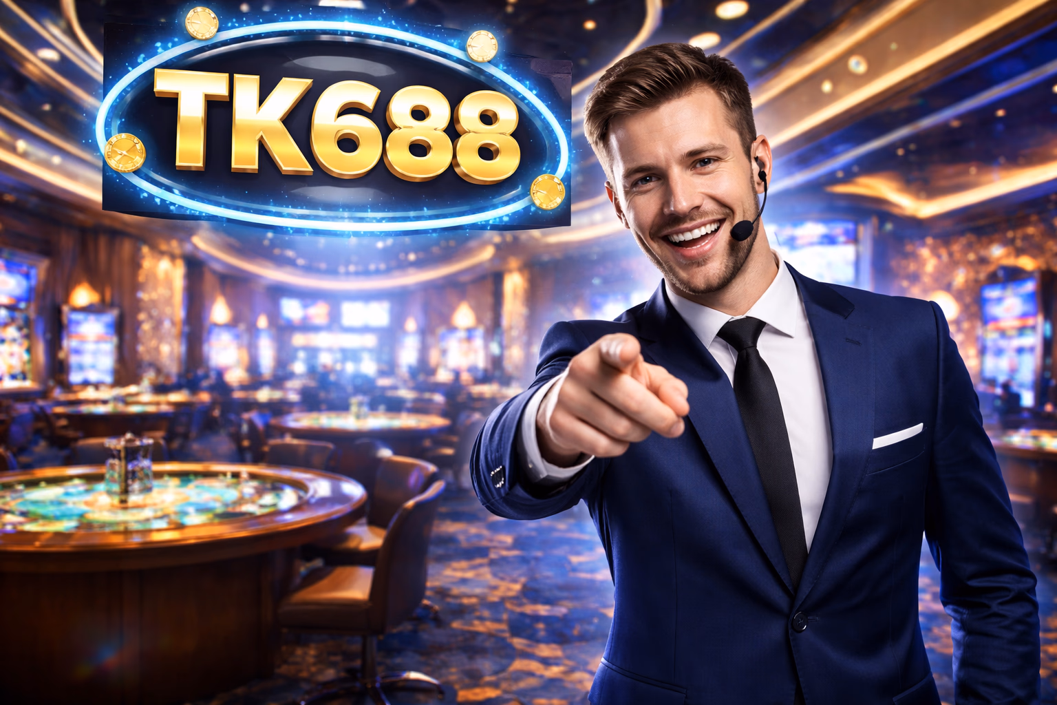 Cheerful gaming host pointing forward in a luminous casino hall with table games and reel machines symbolizing the TK688 sign-in journey