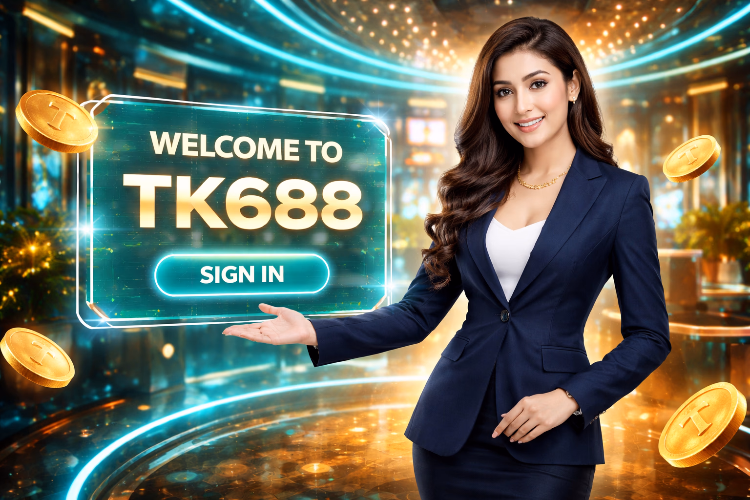 Polished gaming host welcoming members to the TK688 sign-in portal with bright illumination and floating digital coins