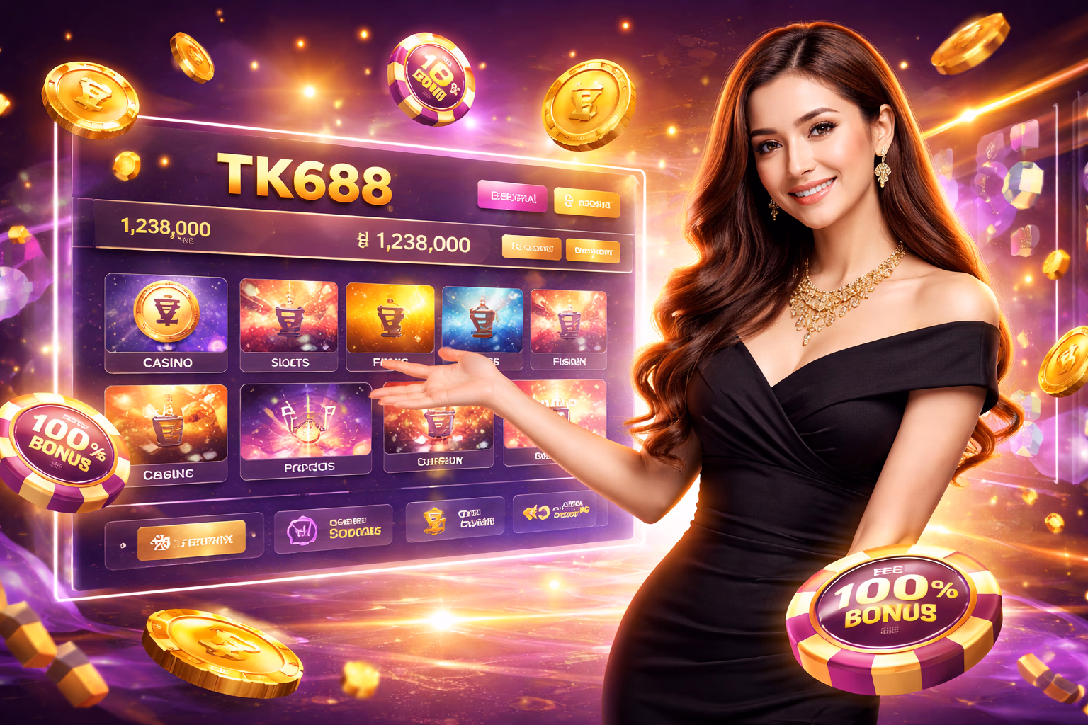 Stylish gaming host inviting members to the TK688 sign-in interface with glowing lights and animated chip icons