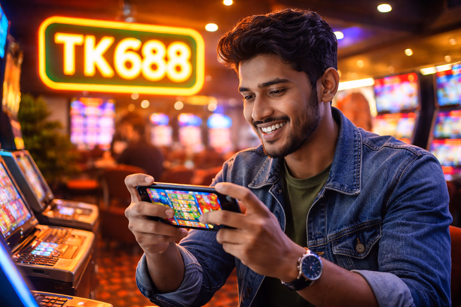 Cheerful punter enjoying a colourful slot reel game with glowing jackpot symbols on TK688 in Bangladesh